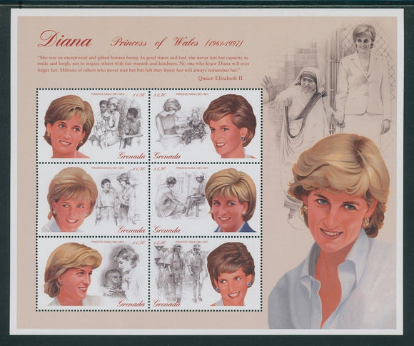 Grenada Scott #2723 MNH SHEET of 6X$1.50 1997 Princess Diana 1961-1997 CV$7+