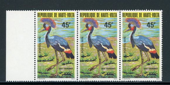 Burkina Faso Scott #520 MNH STRIP of 3 Crowned Cranes Birds FAUNA CV$9+ 439561