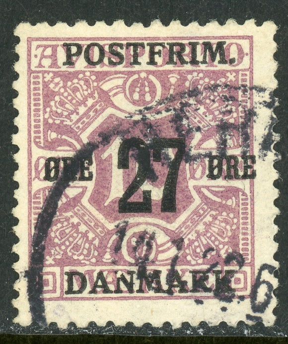 Denmark Scott #149 Used Numerals 27o on 10o dp lilac CV$17+