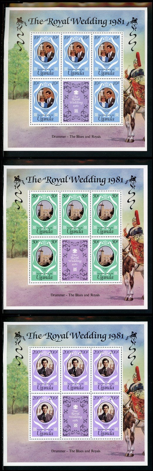 Uganda Scott #314-316 MNH SHEETS of 5 Prince Charles Lady Diana Wedding CV$10+