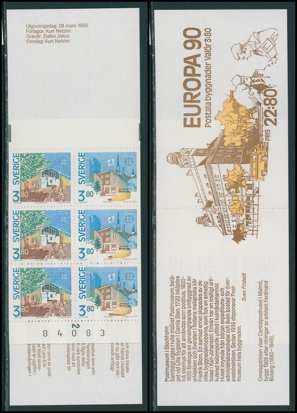 Sweden Scott #1812a MNH BOOKLET of 6 Post Offices Europa 1990 CV$11+