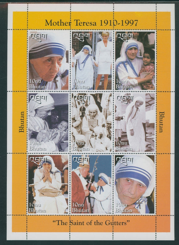 Bhutan Scott #1192 MNH S/S of 9 Mother Teresa 1910-1997 CV$9+