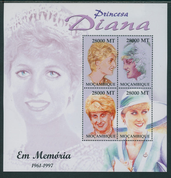 Princess Diana MNH SHEET of 4 Mozambique Princess Diana 1961-1997 28m $$