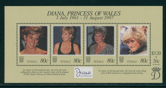Tuvalu Scott #762 MNH SHEET of 4 1998 Princess Diana 1961-1997 CV$4+