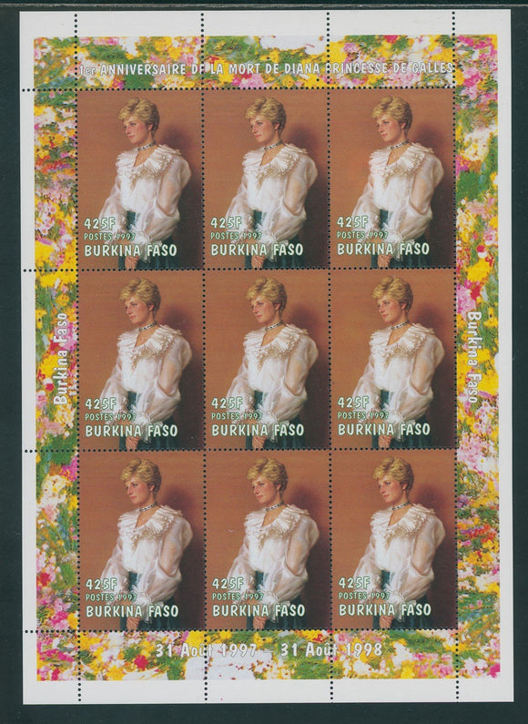 Burkina Faso Scott #1126 MNH SHEET of 9 Princess Diana 1st Memorial ANN CV$14+