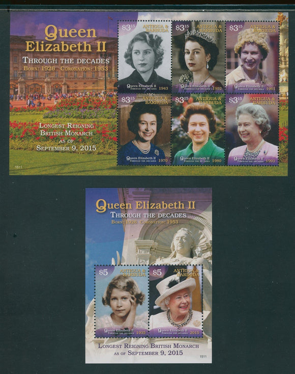 Antigua Scott #3298-3299 MNH SHEETS Queen Elizabeth's Long Reign 2015 CV$22+