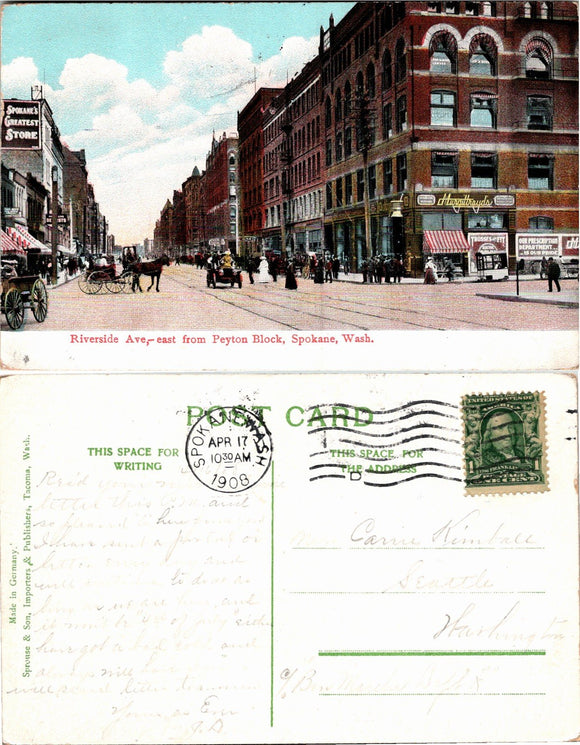 1908 Postcard from Riverside Av. Spokane sent to Seattle $