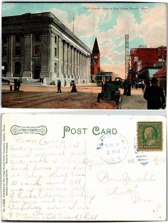1909 Postcard from Third Av. Post Office Seattle sent to Seattle $