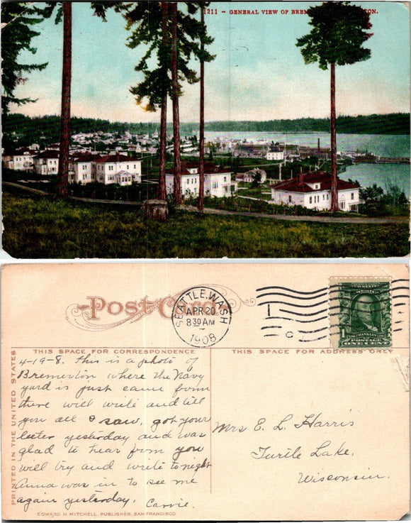 1908 Postcard from Bremerton Harbour sent to Wisconsin $