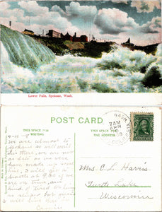 1908 Postcard from Spokane of Lower Falls sent to Wisconsin $