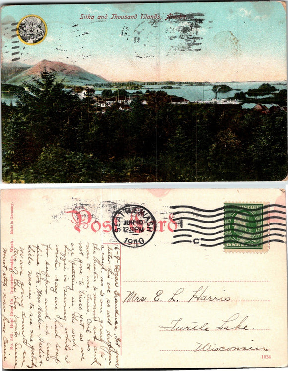 1910 Postcard from Seattle, Sitka Alaska & Thousand Islands, to Wisconsin $