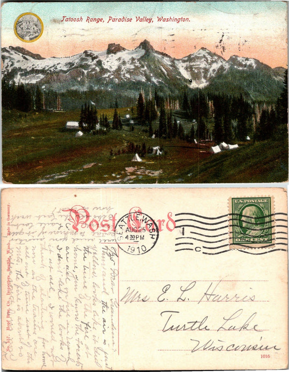 1910 Postcard from Tatoosh Range Paradise Valley sent to Wisconsin $