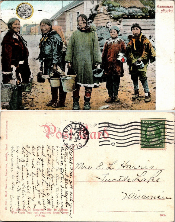 1910 Postcard from Seattle picture of Eskimos in Alaska sent to Wisconsin $