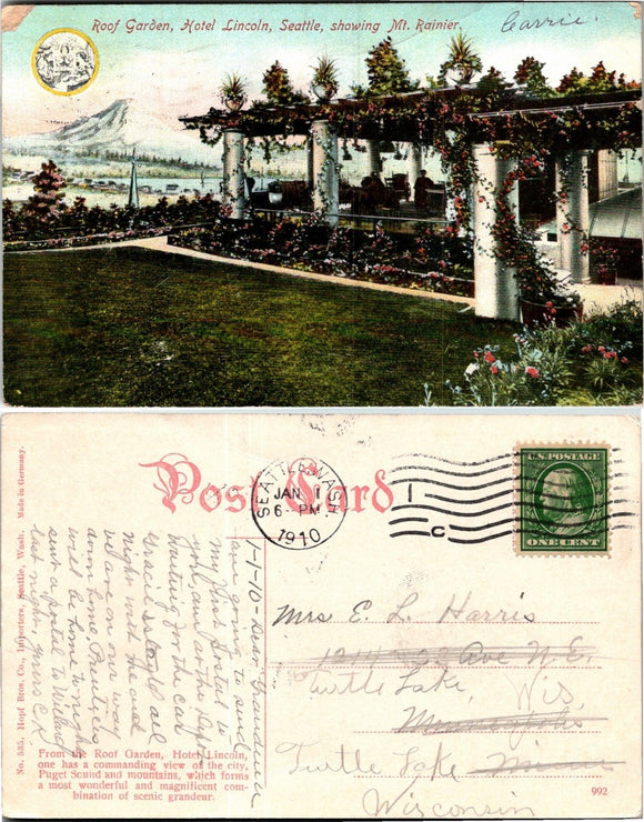 1910 Postcard from Seattle Hotel Lincoln sent to Wisconsin $
