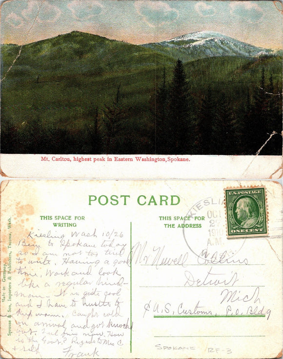 1910 Postcard from Kiesli WA photo of Mt. Carlton sent to Detroit MI $