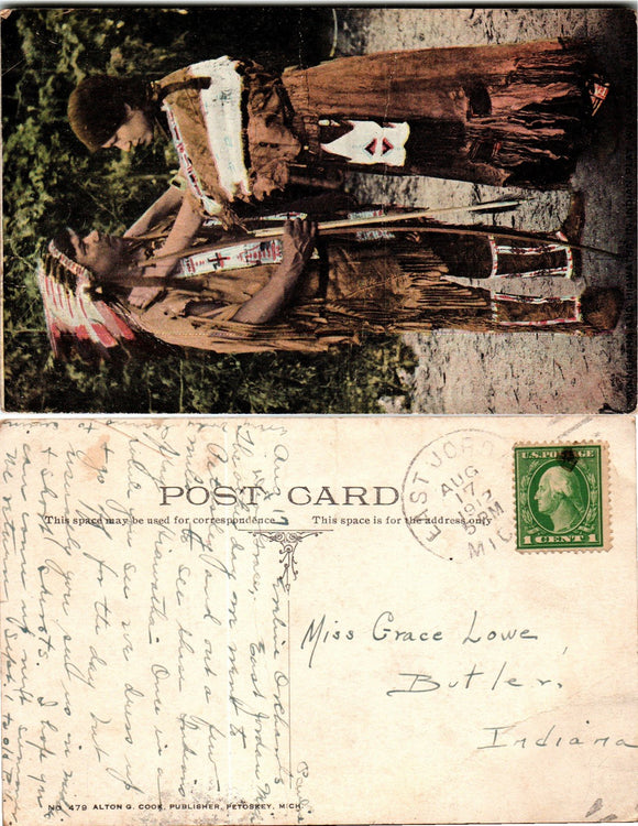 Postcard 1917 East Jordan MI Indian Play to Butler IN $$ 383635 ISH