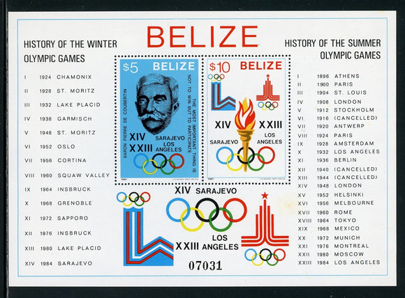 Belize Scott #561 MNH S/S History of Olympic Games CV$40+ 384286