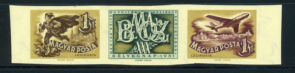 HUNGARY MNH IMPERF: Scott #C174a Stamp Day 1957 Strip CV$30+