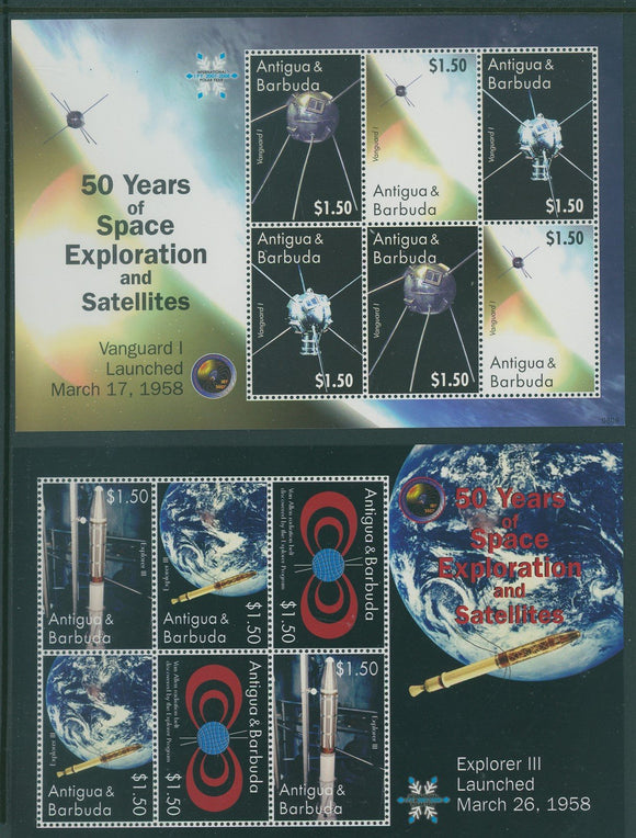 Antigua Scott #3013-3014 MNH SHEETS of 2 STRIPS 50 years Space CV$18+ 408638