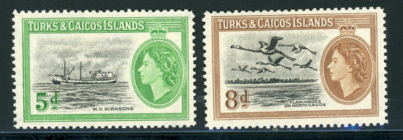 Turks & Caicos Scott #119-120 MLH 1955 Definitives Birds Ships QEII CV$5+ 414562