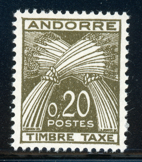 ANDORRA ANDORRE (French) MLH: Scott #J44 20c Olive DUE 1961 CV$12+
