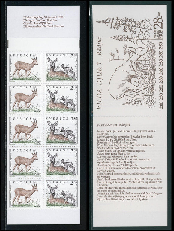 Sweden Scott #1921b MNH BOOKLET of 10 Wild Animals FAUNA 2.80k CV$9+
