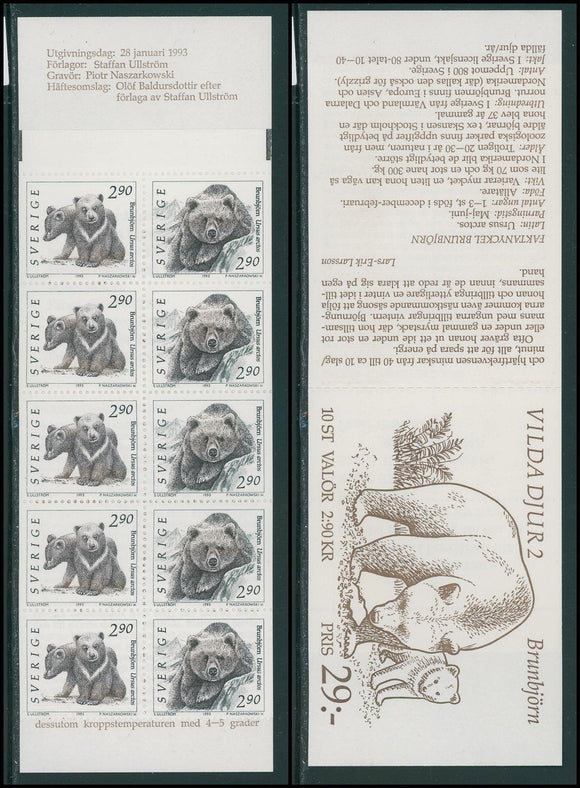 Sweden Scott #1923b MNH BOOKLET of 10 Wild Animals FAUNA 2.90k CV$10+