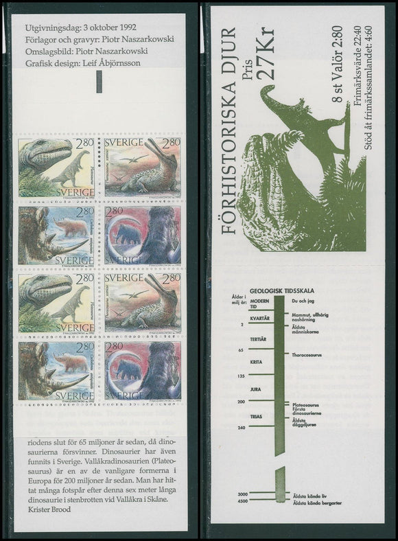 Sweden Scott #1972a MNH BOOKLET of 8 Prehistoric Animals FAUNA 1992 CV$11+