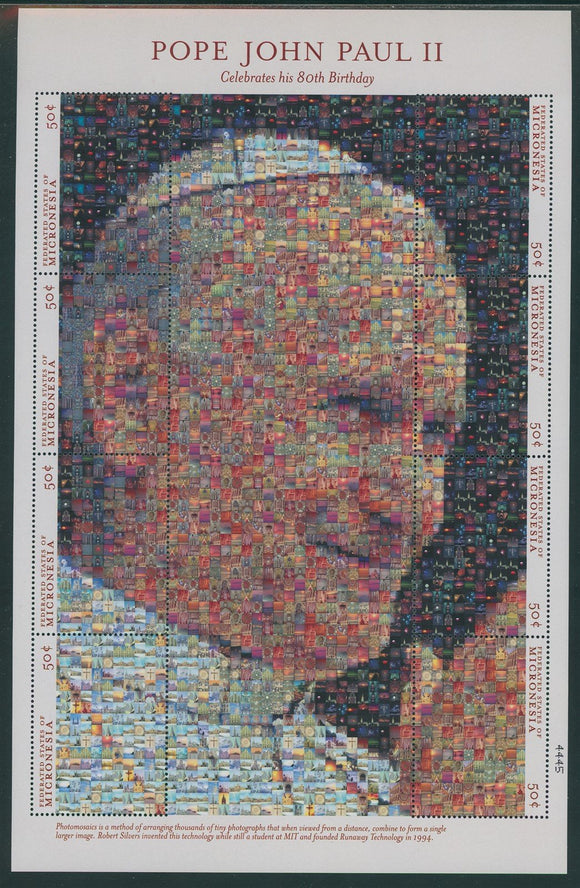 Micronesia Scott #403 MNH S/S Pope John Paul II 80th Birthday PHOTOMOSAIC CV$8+