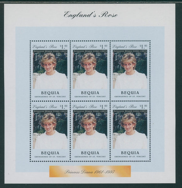 SVG Bequia Scott #301 MNH SHEET of 6 Princess Diana 1961-1997 CV$10+