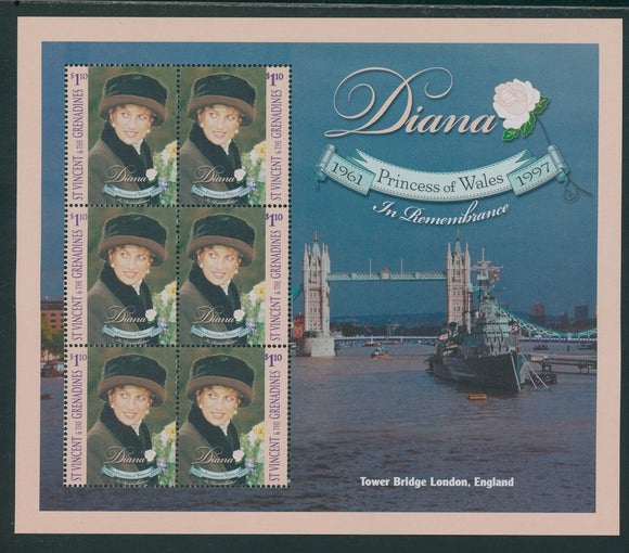 St. Vincent Scott #2629 MNH SHEET of 3 PAIRS 1961-1997 Princess Diana CV$7+