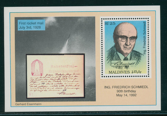 Maldive Islands Scott #1823 MNH S/S Frederich Schmiedl Rocket Mail Pioneer CV$6+