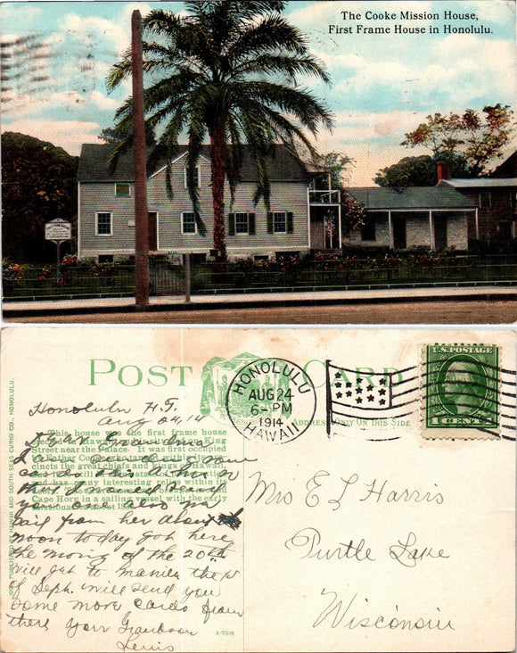 Postcard 1914 Honolulu HI Cooke Mission House to Turtle Lake WI $$ 383535 ISH