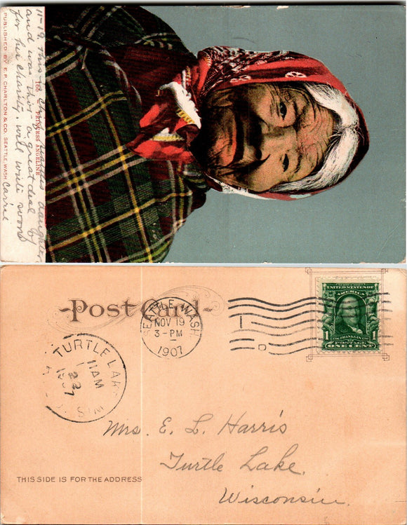 Postcard UB 1907 Seattle WA Princess Angeline to Turtle Lake WI $$ 383562 ISH