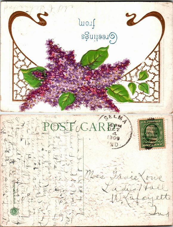 Postcard 1909 Greetings from Selma to W. Lafayette IN $$ 383787 ISH