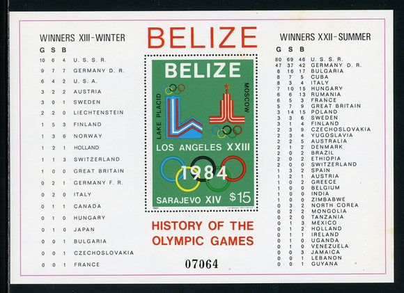 Belize Scott #562 MNH S/S History of Olympic Games CV$40+ 384287