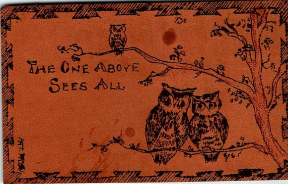 Postcard LEATHER VINTAGE RELIGION Owls $$ 395418