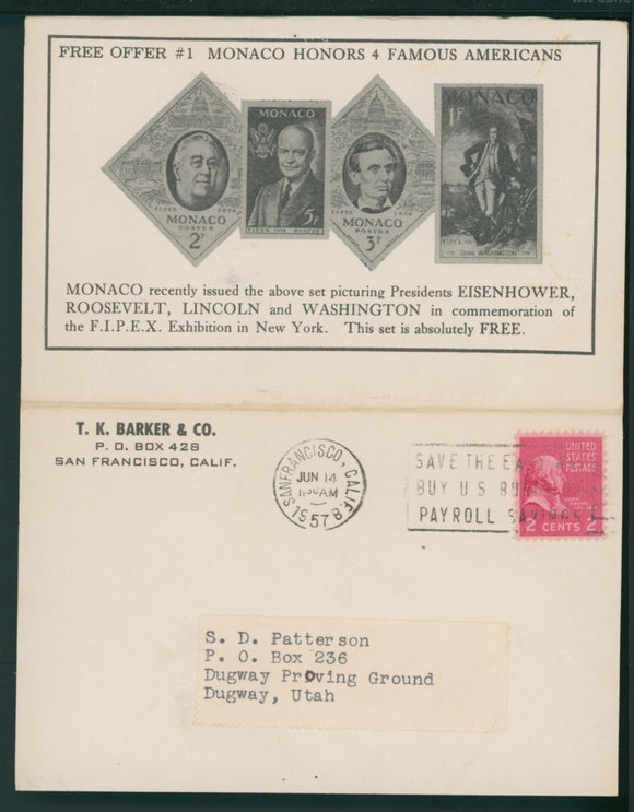 Postcard 1957 T. Barker Stamp Dealer S.F. to Dugway Proving Grounds UT $$ 395664