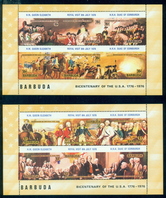 Barbuda Scott #245a//247d MNH S/S U.S. Bicentennial Royal Visit OVPT $$ 435097