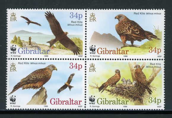 Gibraltar Scott #716 MH BLOCK of 4 Red Kite Birds FAUNA WWF CV$7+ 439480