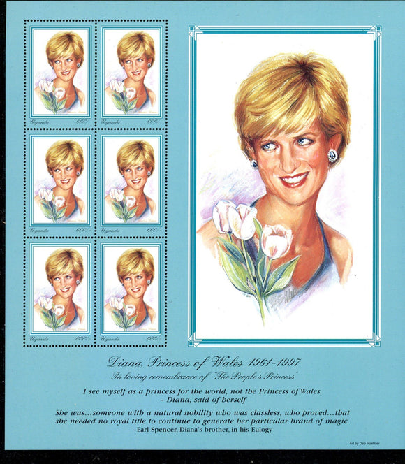 Uganda Scott #1519 MNH SHEET of 6 Princess Diana 1961-1997 CV$12+ 439630