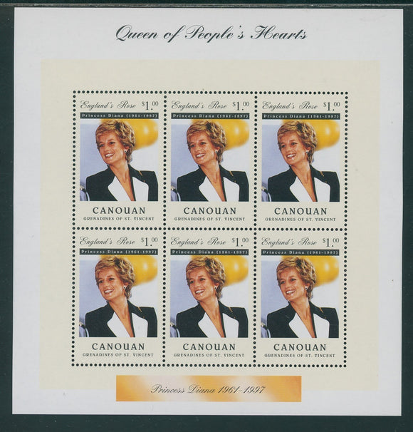 SVG Canouan Scott #1 MNH SHEET of 6 Princess Diana 1961-1997 CV$7+ 441752