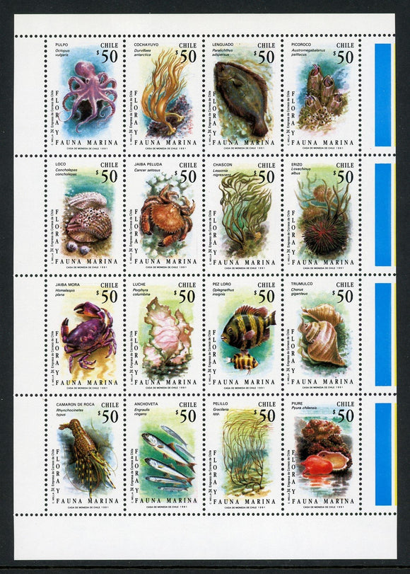 Chile Scott #967 MNH SHEET of 16 Marine Life FAUNA CV$24+ 457008