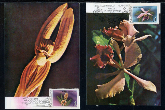 Romania Scott #3535//3536 POSTCARDS (2) Orchids FLORA Cluj Gardens CACHET #6 $$