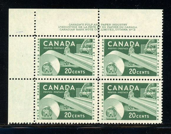 Canada Unitrade #362 MNH PLATE BLOCK Paper Industry CV $12 C