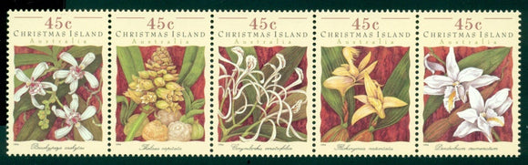 Christmas Island Scott #363 MNH STRIP of 5 Orchids Flowers FLORA CV$7+ ISH-1