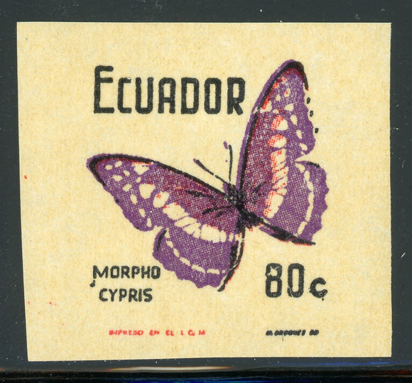 ECUADOR MNH Butterflies Specialized: Scott #803VAR 80c IMPERF Single $$$