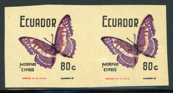 ECUADOR MNH Butterflies Specialized: Scott #803VAR 80c IMPERF Pair $$$