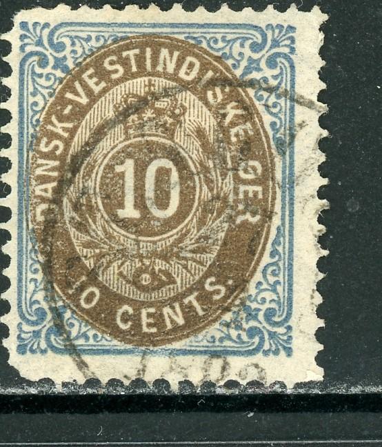 Danish West Indies Scott #10a Used 10c blue and brn THIN PAPER CV$40+ os2