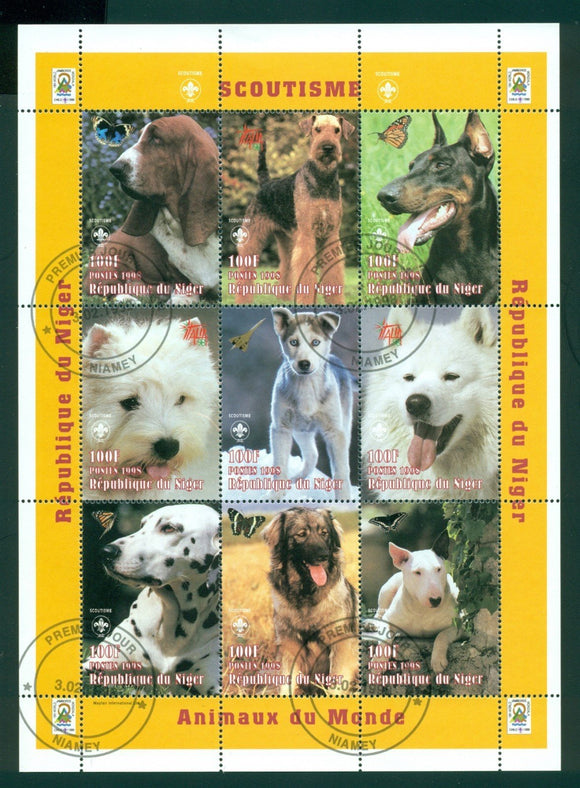 Niger Scott #1009 Used FIRST DAY CANCEL Sheet of 9 Dogs and Butterflies CV$5+